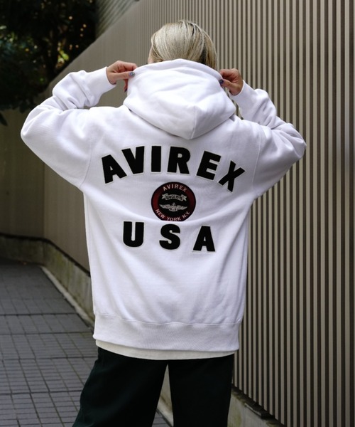AVIREX(アヴィレックス)の「VARSITY LOGO SWEAT PARKA/ バーシティーロゴスウェットパーカー(パーカー・レディース・グリーン/ブラック/ホワイト/オレンジ・L/XL/M/2XL)」の1枚目の写真