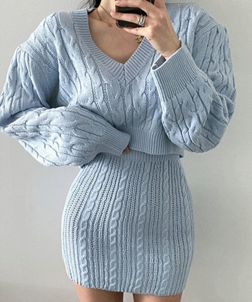 セール】【Jasmine】Vネックニットミニスカートセットアップ