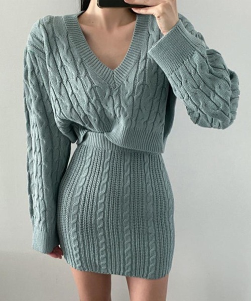 セール】【Jasmine】Vネックニットミニスカートセットアップ