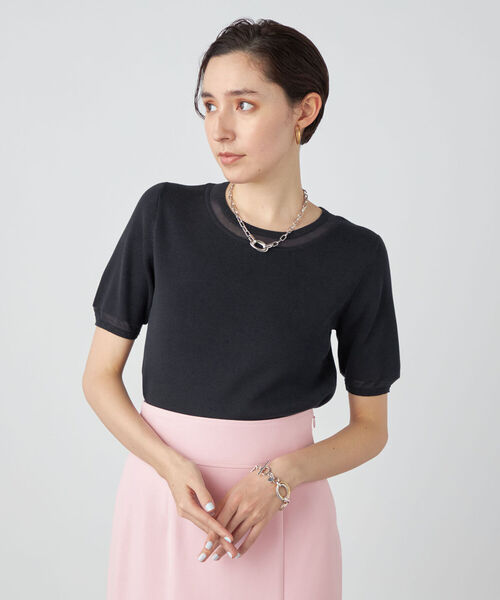 NOLLEY’S Sophi(ノーリーズソフィ)の「《手洗い可能》総針部分シアー5分袖プルオーバーニット(ニット/セーター・レディース・ライトグリーン/ライトグレー/ダークネイビー/ホワイト・38/36)」の6枚目の写真