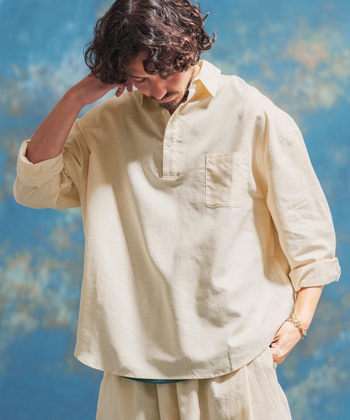 Jih Nunc（ジーヌンク）の「ms5288-コットンリネンプルオーバーシャツ（シャツ/ブラウス・メンズ・ブラック/ライトベージュ/カーキ・M/S/L）」の14枚目の写真