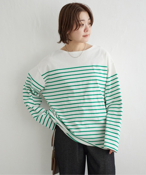 notch.(ノッチ)の「BIGパネルボーダーバスクシャツ(Tシャツ/カットソー・レディース・グリーン/オレンジ/オフホワイト/ブルー・M)」の1枚目の写真