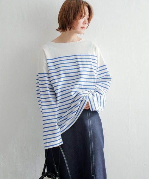 notch.(ノッチ)の「BIGパネルボーダーバスクシャツ(Tシャツ/カットソー・レディース・グリーン/オレンジ/オフホワイト/ブルー・M)」の21枚目の写真