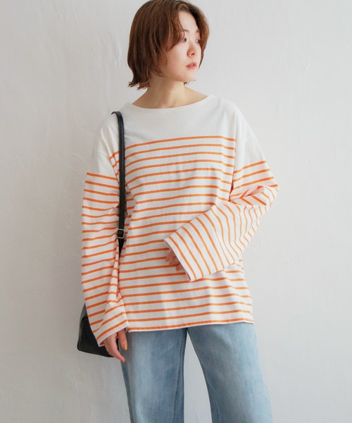notch.(ノッチ)の「BIGパネルボーダーバスクシャツ(Tシャツ/カットソー・レディース・グリーン/オレンジ/オフホワイト/ブルー・M)」の10枚目の写真