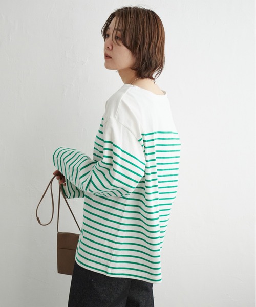 notch.(ノッチ)の「BIGパネルボーダーバスクシャツ(Tシャツ/カットソー・レディース・グリーン/オレンジ/オフホワイト/ブルー・M)」の8枚目の写真