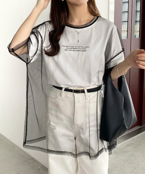 callautia(カラウティア)の「メッシュシアーオーバーTシャツ(Tシャツ/カットソー・レディース・ブラック/ブラウン/ホワイト・SMALL/MEDIUM/LARGE)」の3枚目の写真