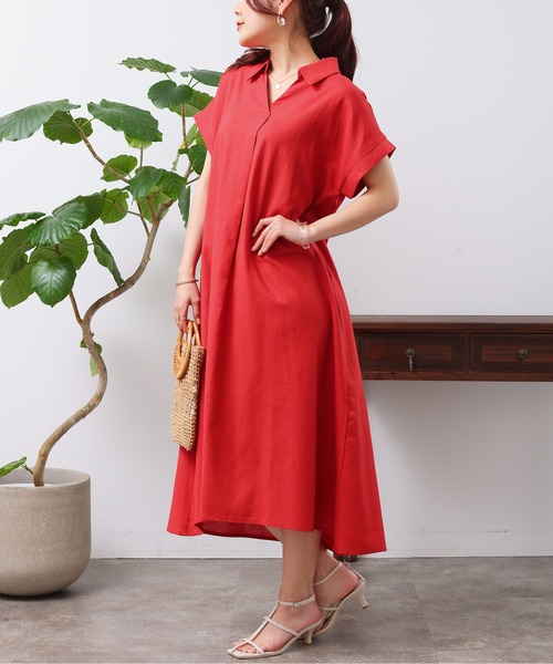 Chez toi(シェトワ)の「フレンチスリーブスキッパーワンピース(シャツワンピース・レディース・レッド/グリーン/ブラック・FREE)」の3枚目の写真