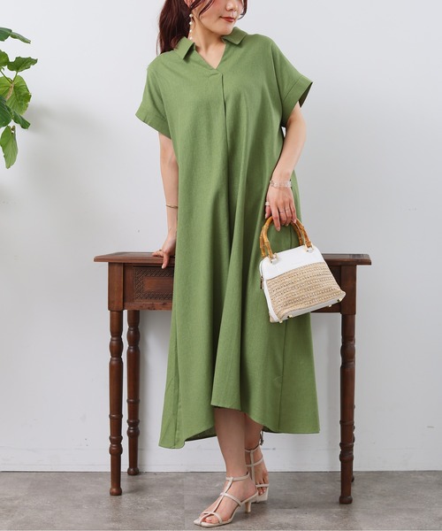 Chez toi(シェトワ)の「フレンチスリーブスキッパーワンピース(シャツワンピース・レディース・レッド/グリーン/ブラック・FREE)」の2枚目の写真