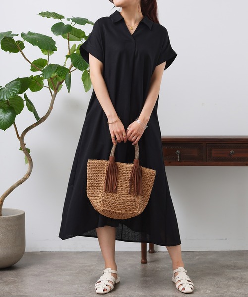 Chez toi(シェトワ)の「フレンチスリーブスキッパーワンピース(シャツワンピース・レディース・レッド/グリーン/ブラック・FREE)」の4枚目の写真