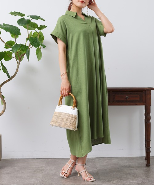 Chez toi(シェトワ)の「フレンチスリーブスキッパーワンピース(シャツワンピース・レディース・レッド/グリーン/ブラック・FREE)」の5枚目の写真