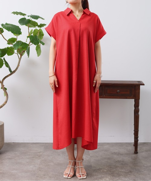 Chez toi(シェトワ)の「フレンチスリーブスキッパーワンピース(シャツワンピース・レディース・レッド/グリーン/ブラック・FREE)」の7枚目の写真