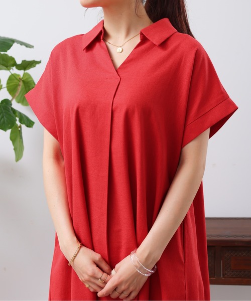 Chez toi(シェトワ)の「フレンチスリーブスキッパーワンピース(シャツワンピース・レディース・レッド/グリーン/ブラック・FREE)」の8枚目の写真