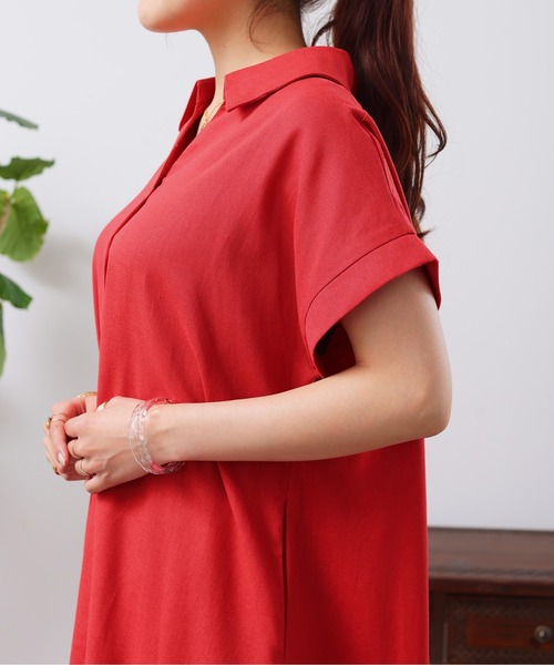 Chez toi(シェトワ)の「フレンチスリーブスキッパーワンピース(シャツワンピース・レディース・レッド/グリーン/ブラック・FREE)」の12枚目の写真