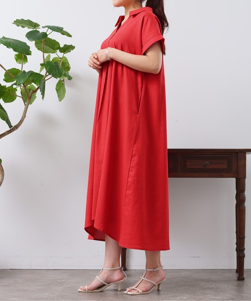Chez toi(シェトワ)の「フレンチスリーブスキッパーワンピース(シャツワンピース・レディース・レッド/グリーン/ブラック・FREE)」の11枚目の写真
