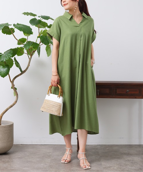 Chez toi(シェトワ)の「フレンチスリーブスキッパーワンピース(シャツワンピース・レディース・レッド/グリーン/ブラック・FREE)」の15枚目の写真