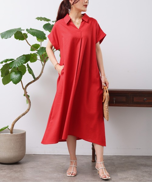 Chez toi(シェトワ)の「フレンチスリーブスキッパーワンピース(シャツワンピース・レディース・レッド/グリーン/ブラック・FREE)」の17枚目の写真