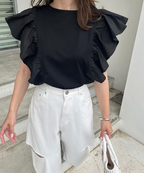 rectangle（レクタングル）の「前後2WAYフリルトップス/Tシャツ（Tシャツ/カットソー・レディース・ブラック/オフホワイト・FREE）」の2枚目の写真