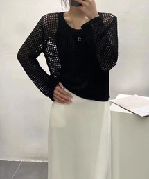 ラウンドネック透かし編み長袖サマーニットトップス