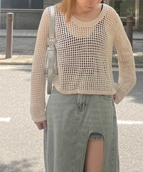 SPIGA(スピーガ)の「ラウンドネック透かし編み長袖サマーニットトップス(ニット/セーター・レディース・ベージュ/ブラック/ホワイト・FREE)」の5枚目の写真