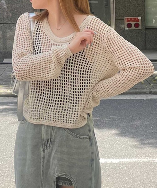 SPIGA(スピーガ)の「ラウンドネック透かし編み長袖サマーニットトップス(ニット/セーター・レディース・ベージュ/ブラック/ホワイト・FREE)」の8枚目の写真