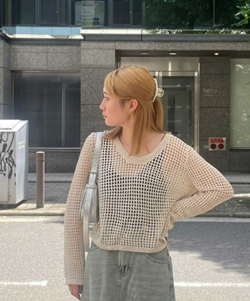 SPIGA(スピーガ)の「ラウンドネック透かし編み長袖サマーニットトップス(ニット/セーター・レディース・ベージュ/ブラック/ホワイト・FREE)」の9枚目の写真