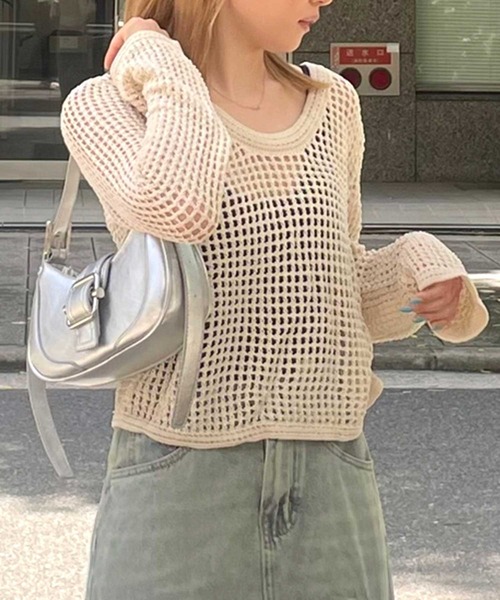 SPIGA(スピーガ)の「ラウンドネック透かし編み長袖サマーニットトップス(ニット/セーター・レディース・ベージュ/ブラック/ホワイト・FREE)」の10枚目の写真