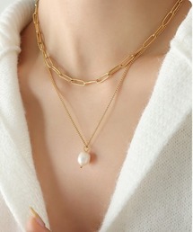goldパイプ×コットンパール ＊ 輝くチェーンの2連ネックレス goldパイプ×コットンパール ＊ 繊細なチェーンのネックレス2点