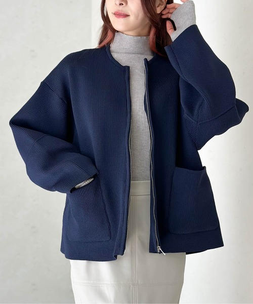 Per sist ence(パーシエンス)の「ポリスポンジニット ランタンスリーブデザインZIPカーディガン(カーディガン/ボレロ・レディース・ネイビー/グレー/ブラック/アイボリー・FREE)」の8枚目の写真