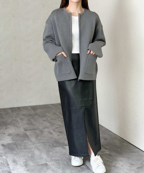 Per sist ence(パーシエンス)の「ポリスポンジニット ランタンスリーブデザインZIPカーディガン(カーディガン/ボレロ・レディース・ネイビー/グレー/ブラック/アイボリー・FREE)」の15枚目の写真