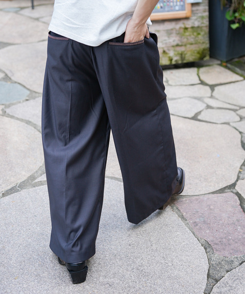 リメイク 袴パンツ ワイドスラックス セール】420g/mTR配色ステッチワイドルーズ袴パンツ/センター