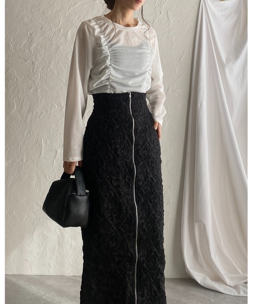 She's Closet（シーズクローゼット）の「フロントジップ花柄ふくれジャガードハイウエストタイトロングスカート（スカート・レディース・ブラウン/ブラック/グレー/ブラック系その他/アイボリー・FREE/M）」の12枚目の写真