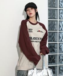 [UNISEX][カップルコーデおススメ!]ストリートオーバールックレタリング配色バシティ長袖ロングTシャツ