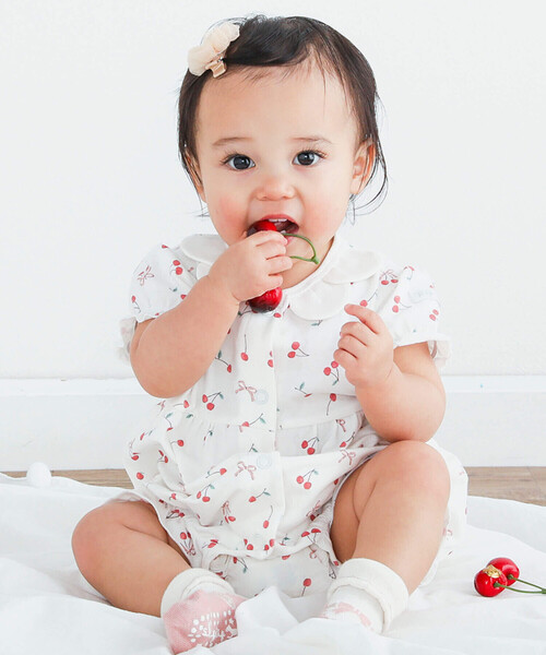 SLAP SLIP BABY（スラップスリップベビー）の「【お揃い】チェリーリボンお花総柄襟付きロンパースベビー(60~80cm)（ロンパース・キッズ・ホワイト系その他2/ピンク系その他/パープル系その他・60cm/70cm/80ｃｍ）」の9枚目の写真