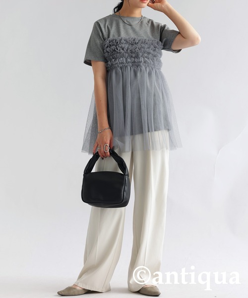 antiqua(アンティカ)の「フリルチュールドッキングTシャツ(Tシャツ/カットソー・レディース・グレー/ブラック・ONESIZE)」の6枚目の写真