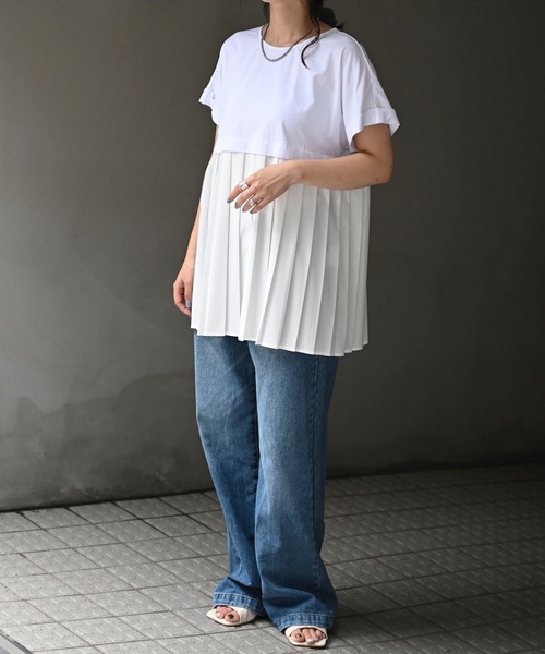 &HALF(アンドハーフ)の「プリーツ切替トップス(Tシャツ/カットソー・レディース・オフホワイト/ブラック/サックスブルー・L/M)」の9枚目の写真