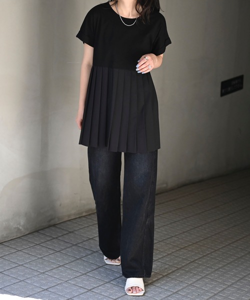 &HALF(アンドハーフ)の「プリーツ切替トップス(Tシャツ/カットソー・レディース・オフホワイト/ブラック/サックスブルー・L/M)」の15枚目の写真