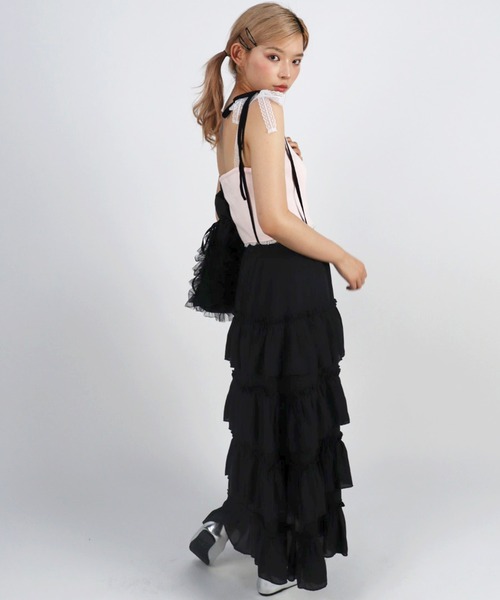 ★ブラック×ストライプ MIX ふんわりティアードサロペスカート★ TITTY&CO.（ティティーアンドコー）の「ティアードサロペットスカート