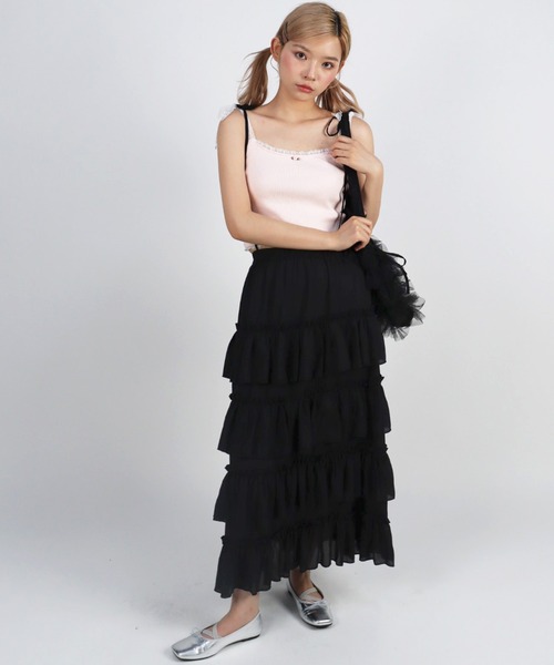 ★ブラック×ストライプ MIX ふんわりティアードサロペスカート★ TITTY&CO.（ティティーアンドコー）の「ティアードサロペットスカート