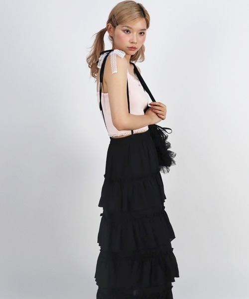 ★ブラック×ストライプ MIX ふんわりティアードサロペスカート★ TITTY&CO.（ティティーアンドコー）の「ティアードサロペットスカート