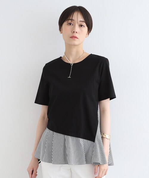 インディヴィ　レイヤード風Tシャツ セール】【洗える／ストライプ柄】レイヤード風Tシャツ（Tシャツ