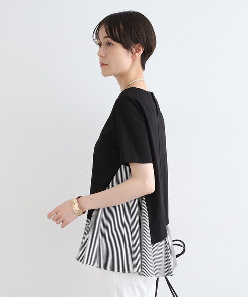 【 INDIVI / 洗える / ストライプ柄 】レイヤード風Tシャツ13 XL セール】【洗える／ストライプ柄】レイヤード風Tシャツ（Tシャツ
