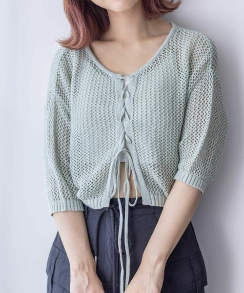 clear（クリア）の「フロントクロスリボンメッシュニットトップス［大人 カジュアル サマーニット］≪再入荷≫（ニット/セーター・レディース・ミント/グレー/グレイッシュベージュ/ブラック・F）」の4枚目の写真