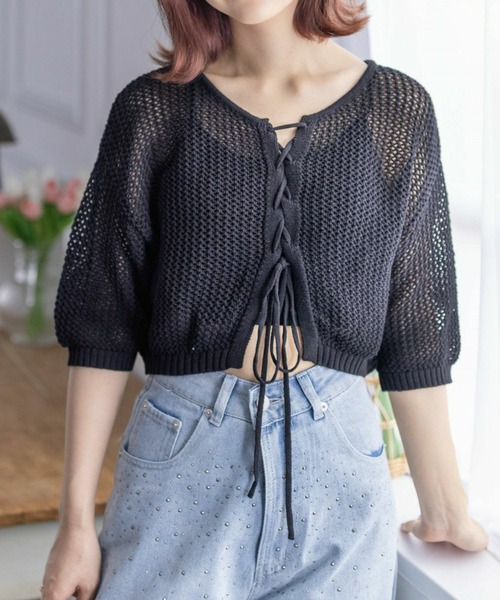 clear（クリア）の「フロントクロスリボンメッシュニットトップス［大人 カジュアル サマーニット］≪再入荷≫（ニット/セーター・レディース・ミント/グレー/グレイッシュベージュ/ブラック・F）」の2枚目の写真