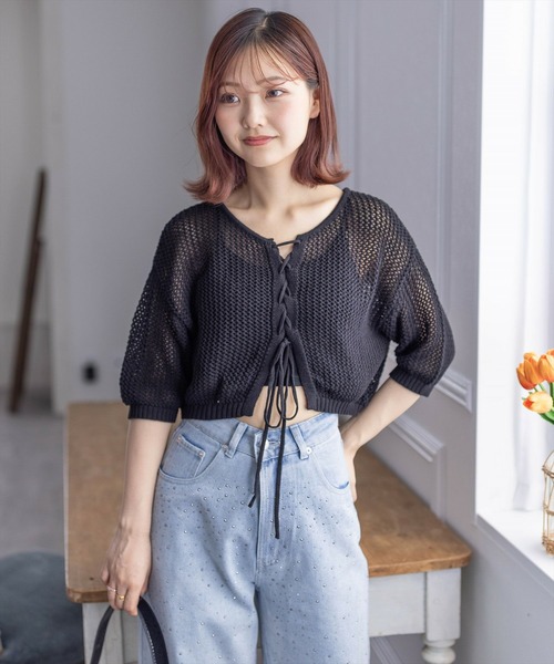 【超美品・定価3万円超】determクロップドニットシャツ moment+ ニット セーター メッシュ透かし編みクロップドニット