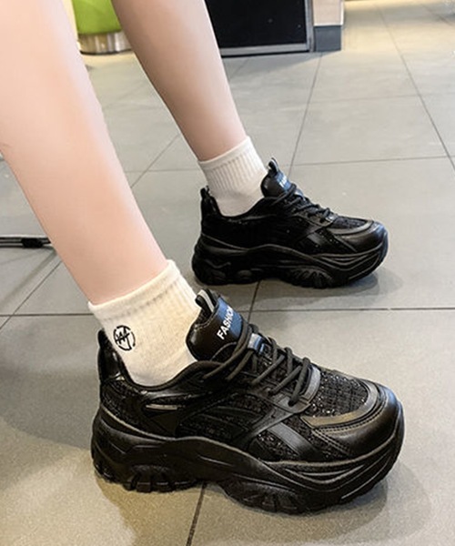 Lace Ladies（レースレディース）の「ミックス ツイード レースアップ 厚底 シューズ（スニーカー・レディース・アイボリー/ブラック・23.5/ 25/23/24/22.5/24.5）」の2枚目の写真