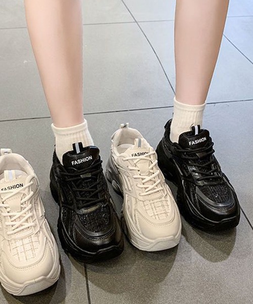 Lace Ladies（レースレディース）の「ミックス ツイード レースアップ 厚底 シューズ（スニーカー・レディース・アイボリー/ブラック・23.5/ 25/23/24/22.5/24.5）」の6枚目の写真