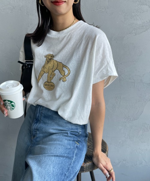 AMERICANA（アメリカーナ）の「[Americana/アメリカーナ] ベルギーリネン天竺 アニマルプリントTシャツ（Tシャツ/カットソー・レディース・ホワイト/ブラウン/ダークグレー・ONE SIZE）」の2枚目の写真