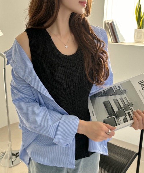 Eclat one(エクラワン)の「【Eclat one】 畔リブ クルーネック ノースリーブ サマーニット(ニット/セーター・レディース・グレー/ブラック/ベージュ・FREE)」の5枚目の写真