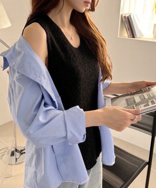 Eclat one(エクラワン)の「【Eclat one】 畔リブ クルーネック ノースリーブ サマーニット(ニット/セーター・レディース・グレー/ブラック/ベージュ・FREE)」の6枚目の写真