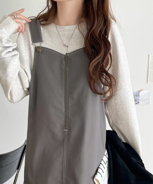 classicalelf（クラシカルエルフ）の「大人が着るカジュアル新定番！綿100％配色ステッチロング丈ジャンパースカート（ジャンパースカート・レディース・アイボリー/チャコール/ブラック・SMALL/MEDIUM/LARGE/X-LARGE）」の3枚目の写真